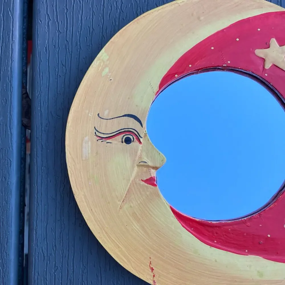 Vintage moon star celestial wooden mirror, red and yellow bohemian hippie whimsy